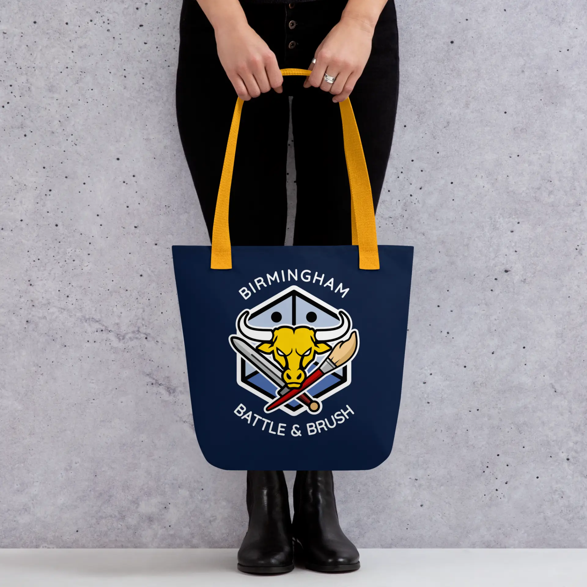 Navy Battle & Brush tote bag with gold handles and the Birmingham club crest