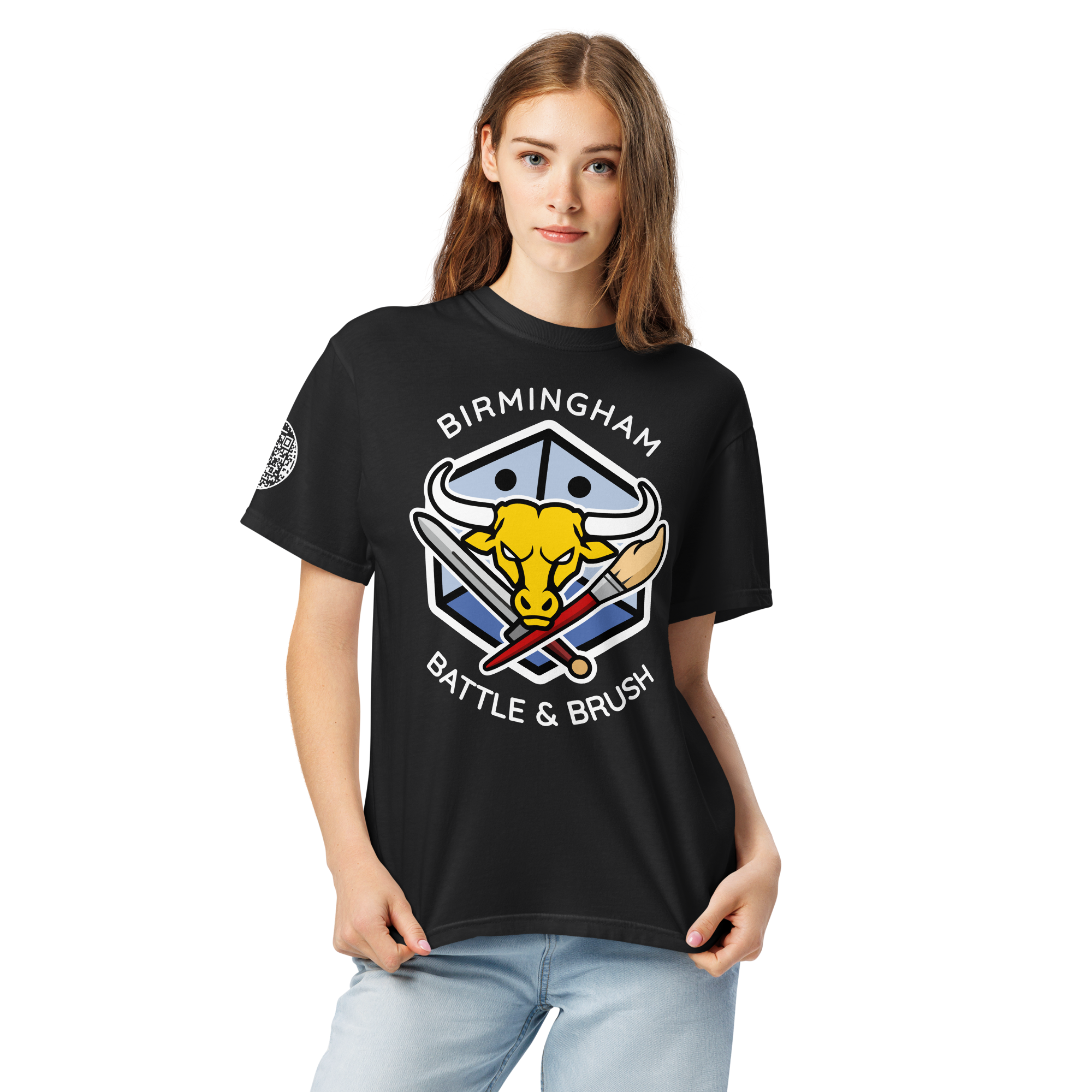 Black Battle & Brush heavyweight t-shirt with the Birmingham bull, dice and brush club crest